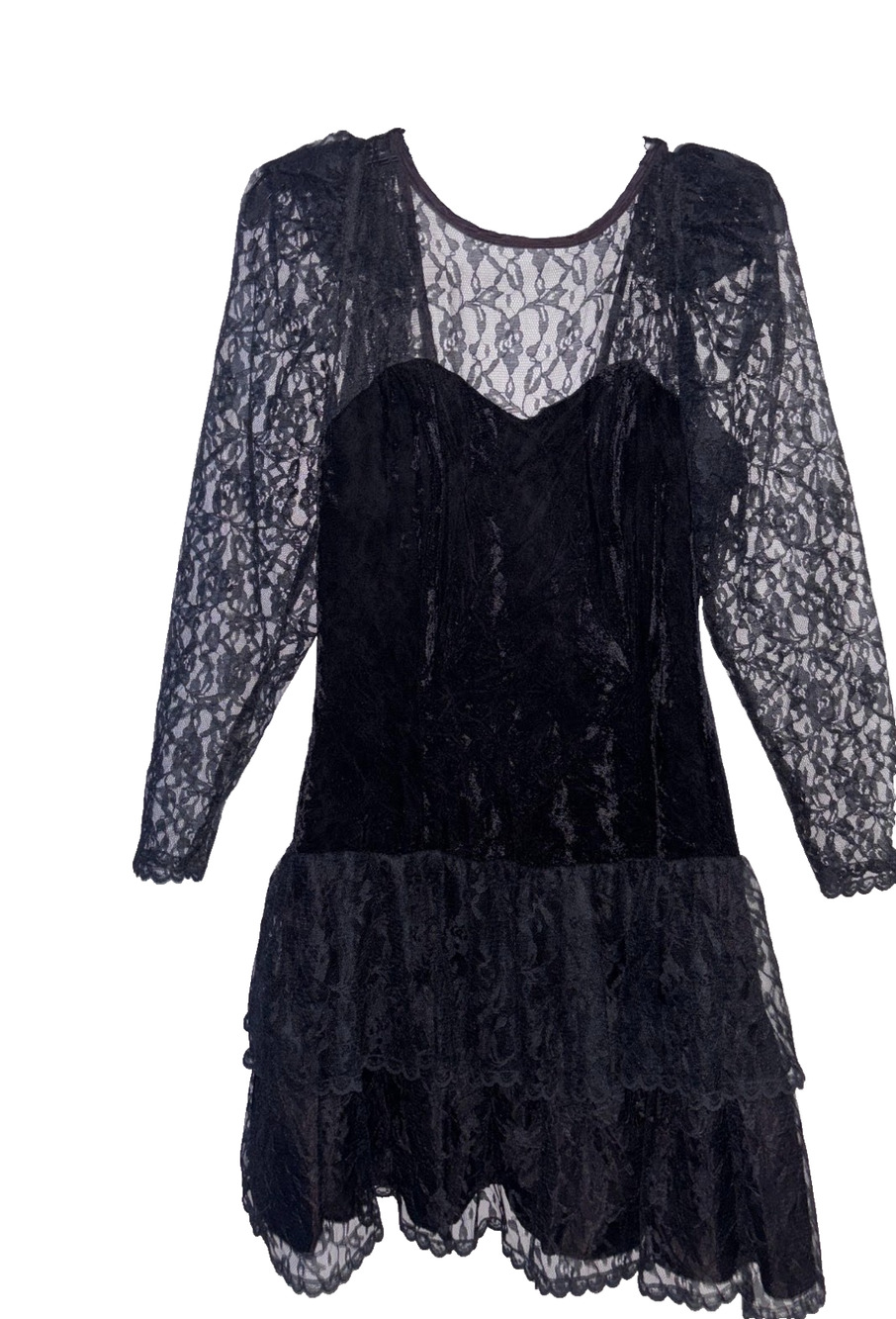 Vtg 80s Steppin Out Dress Black Velvet Lace Tiered Sweetheart Whimsigoth Goth 13